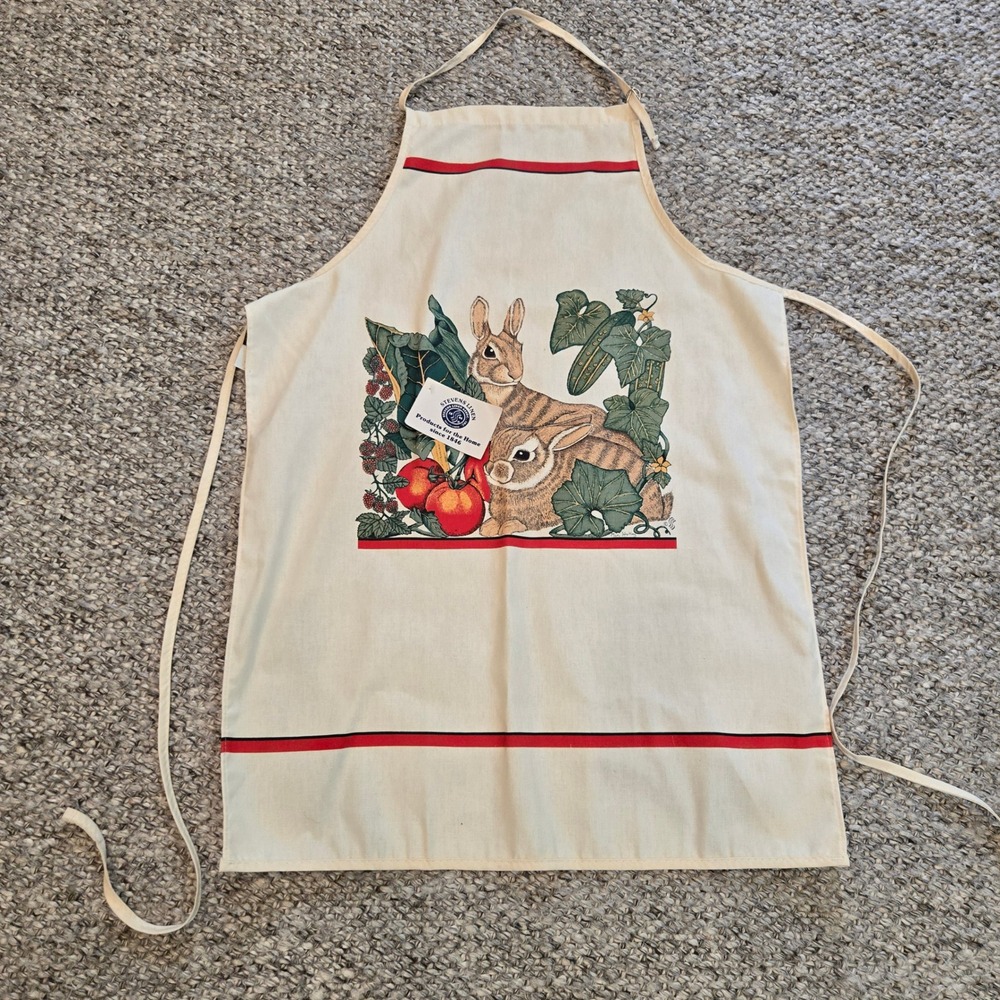 Stevens Linen Apron Womens OS Cream Bunny Rabbit Garden Mary Hopkins Vtg USA New